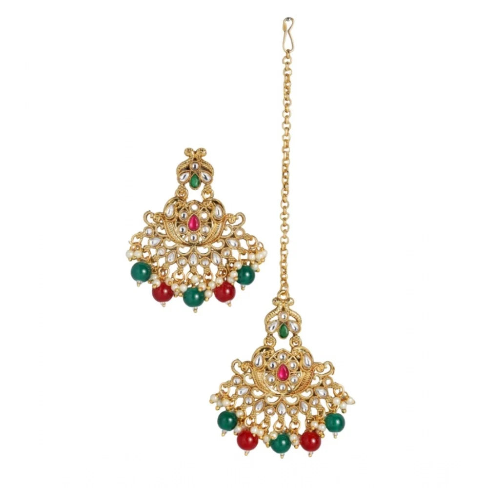 Traditional Gold-Plated Kundan & Pearl Maangtikka Set with Drop Earrings (Red & Green)