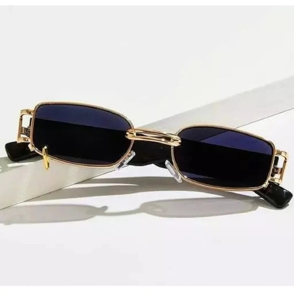 Vintage Rectangular Gold Frame UV400 Sunglasses - Black