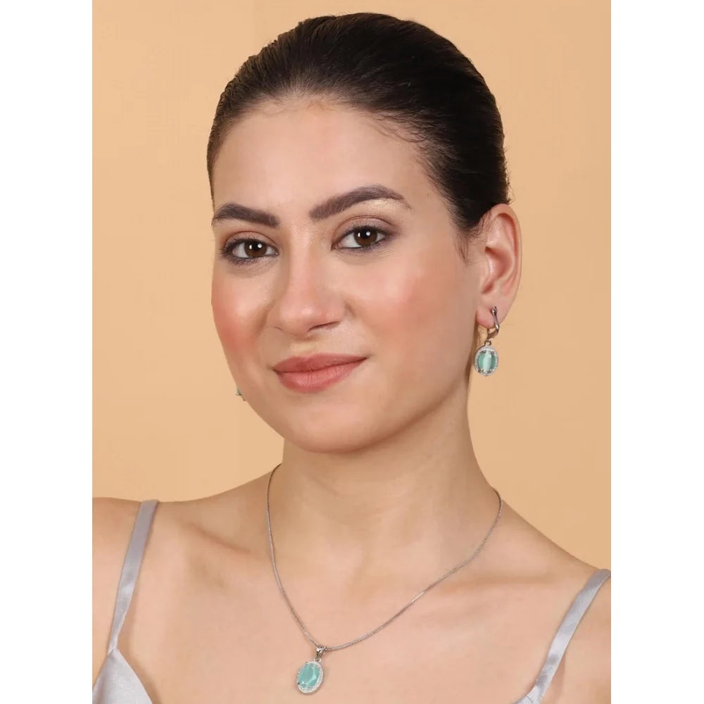 Silver-Plated Turquoise Mint Gemstone Pendant Necklace Set with Earrings