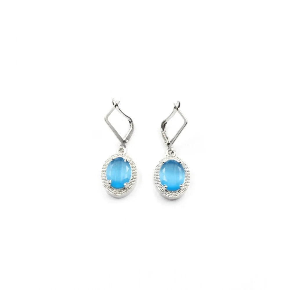 Silver-Plated Blue Aquamarine Gemstone Pendant Necklace Set with Earrings