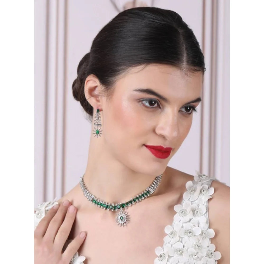 Silver-Plated Royal Emerald Green Cubic Zirconia Statement Necklace Set with Earrings