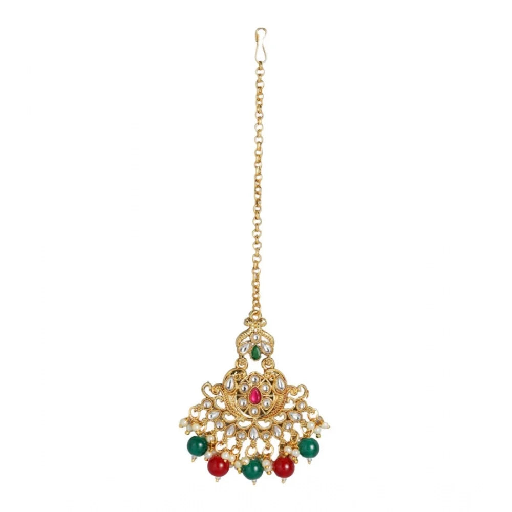 Traditional Gold-Plated Kundan & Pearl Maangtikka Set with Drop Earrings (Red & Green)
