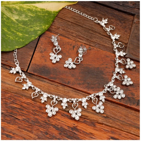 Silver-Plated Floral Rhinestone Necklace Set with Matching Earrings