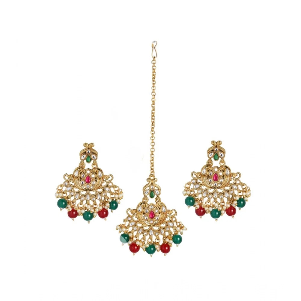 Traditional Gold-Plated Kundan & Pearl Maangtikka Set with Drop Earrings (Red & Green)