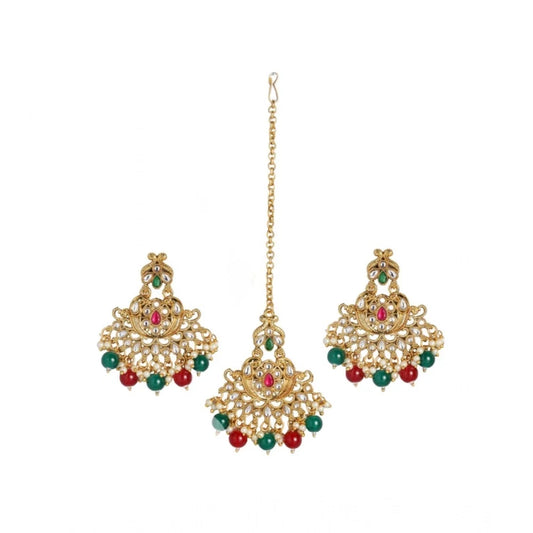 Traditional Gold-Plated Kundan & Pearl Maangtikka Set with Drop Earrings (Red & Green)