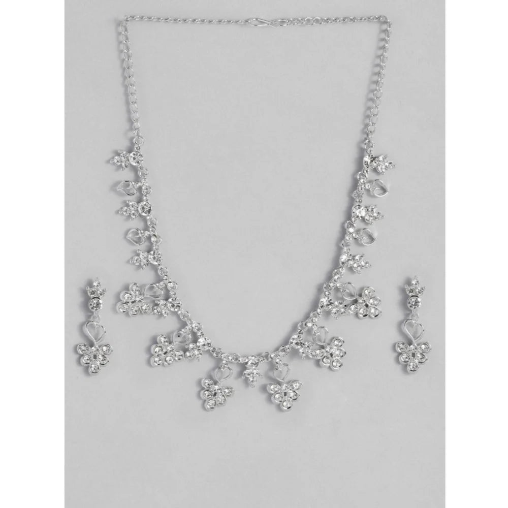 Silver-Plated Floral Rhinestone Necklace Set with Matching Earrings