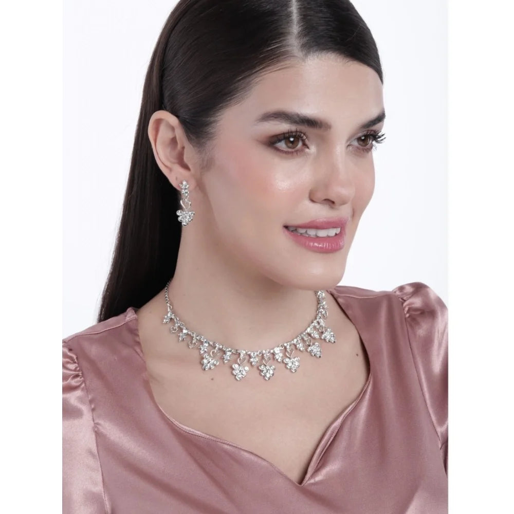 Silver-Plated Floral Rhinestone Necklace Set with Matching Earrings