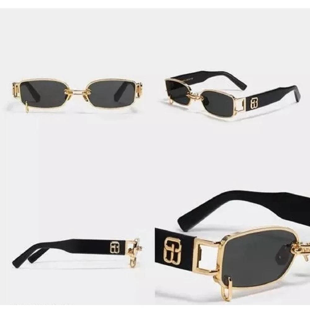 Vintage Rectangular Gold Frame UV400 Sunglasses - Black
