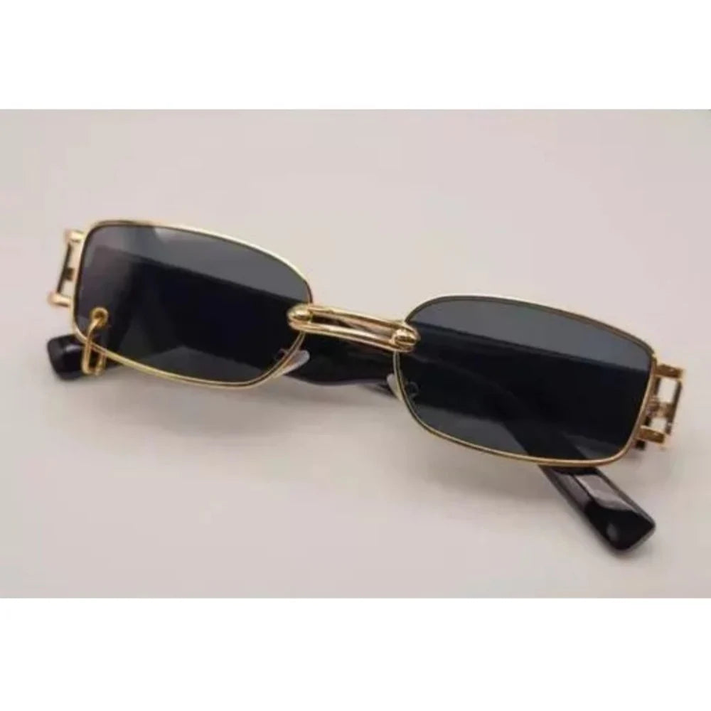 Vintage Rectangular Gold Frame UV400 Sunglasses - Black
