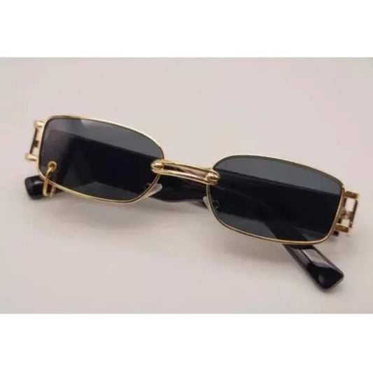 Vintage Rectangular Gold Frame UV400 Sunglasses - Black