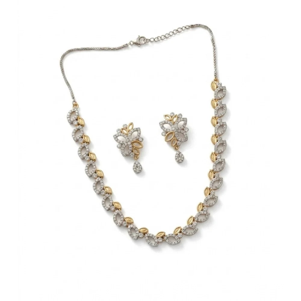 Silver & Two-Tone Leaf Cubic Zirconia Necklace Set with Earrings