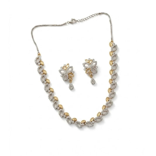 Silver & Two-Tone Leaf Cubic Zirconia Necklace Set with Earrings