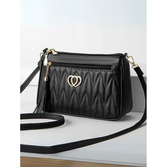 Women's Quilted Faux Leather Crossbody Sling Bag with Tassel Accent - Black