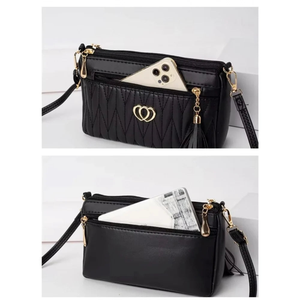 Women's Quilted Faux Leather Crossbody Sling Bag with Tassel Accent - Black