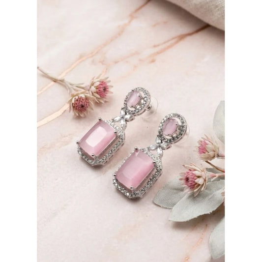 Silver-Plated Pastel Pink Emerald-Cut Statement Drop Earrings