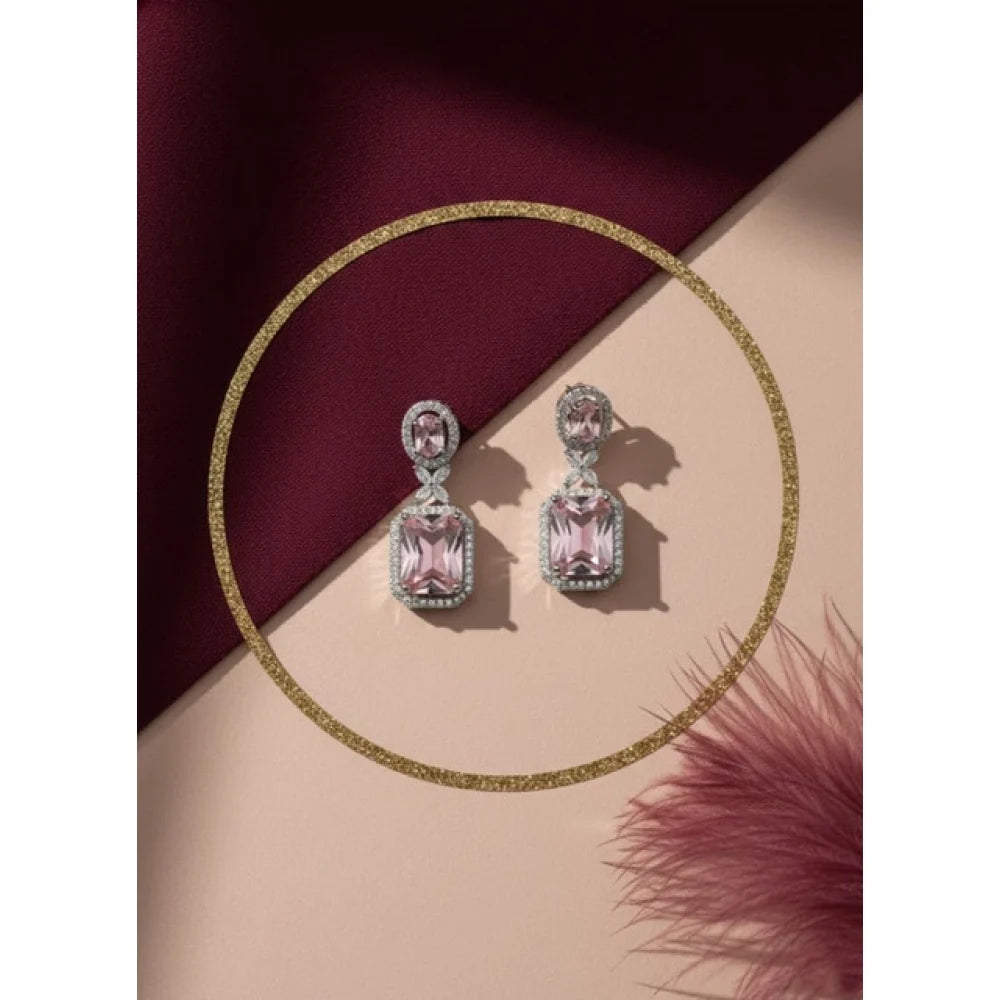Silver-Plated Pastel Pink Emerald-Cut Statement Drop Earrings
