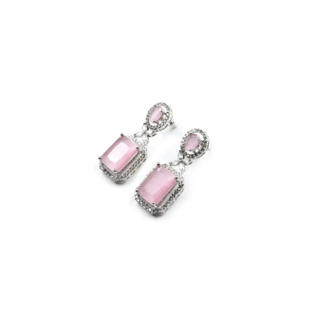 Silver-Plated Pastel Pink Emerald-Cut Statement Drop Earrings