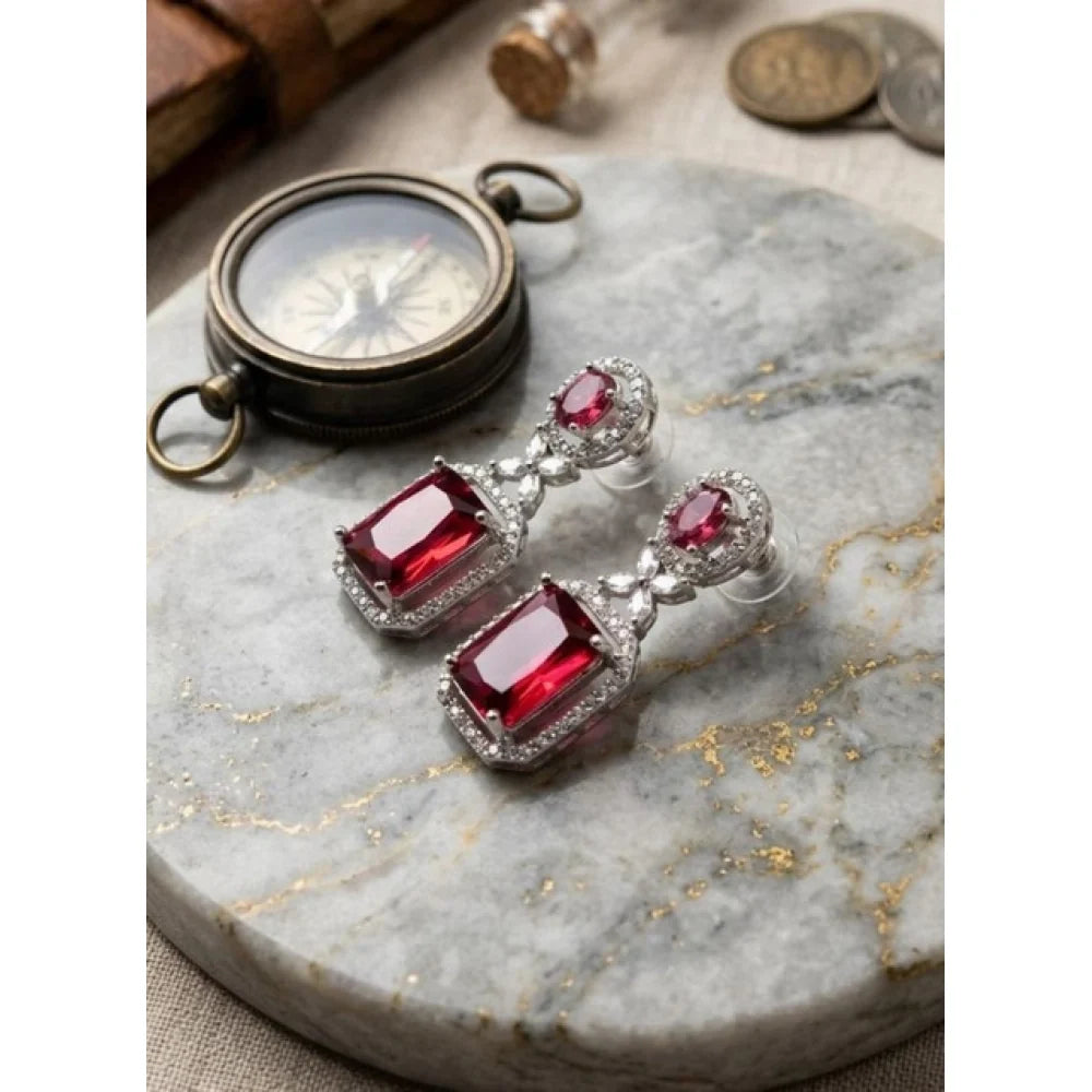Silver-Plated Ruby Red Emerald-Cut Statement Drop Earrings