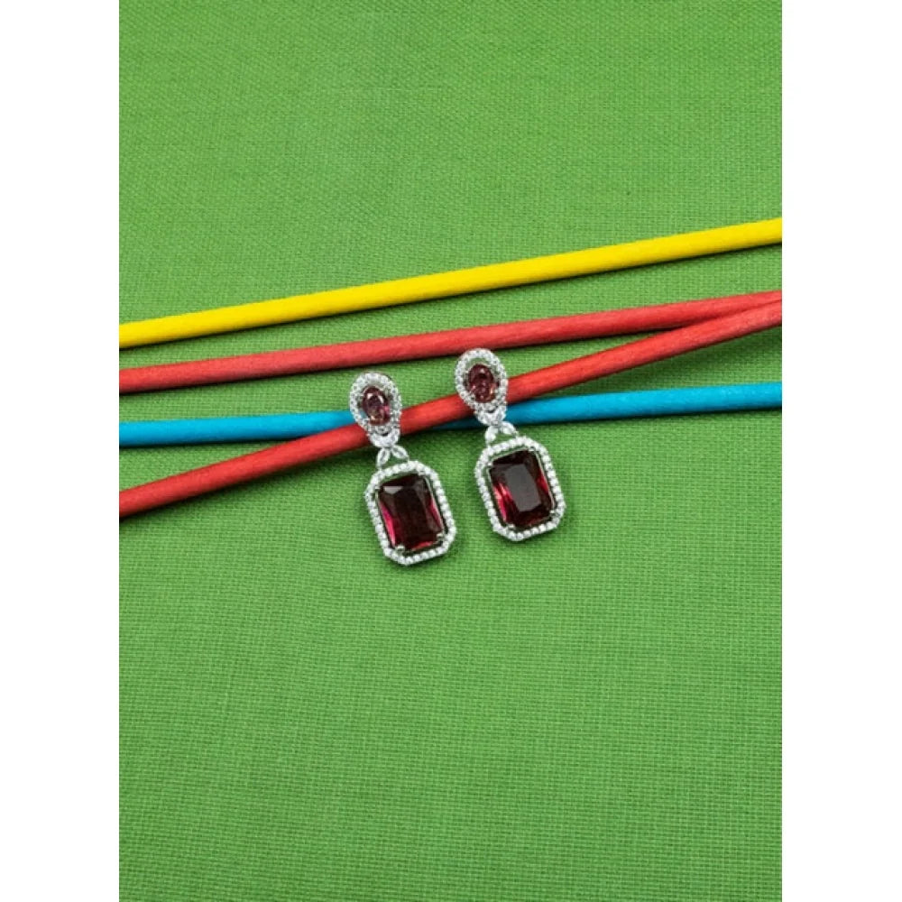 Silver-Plated Ruby Red Emerald-Cut Statement Drop Earrings