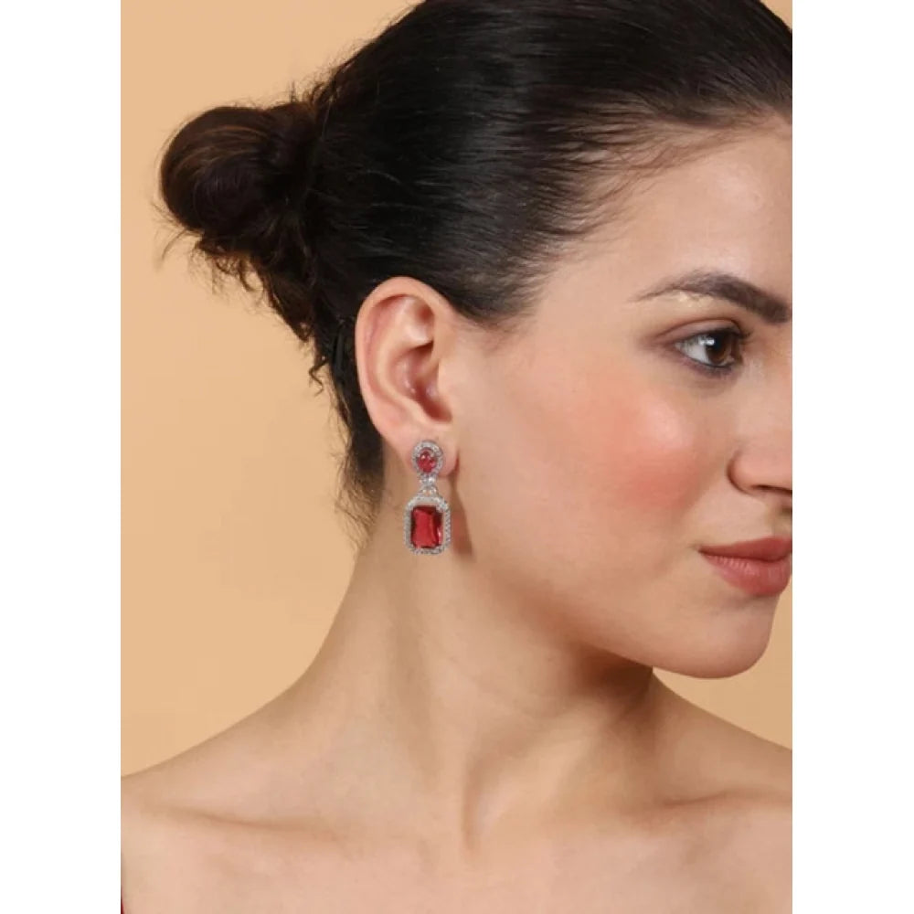 Silver-Plated Ruby Red Emerald-Cut Statement Drop Earrings