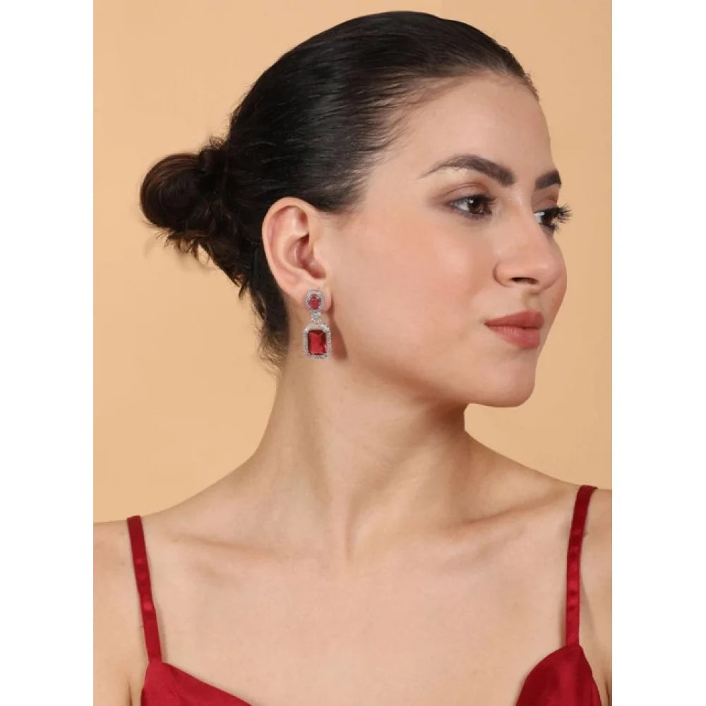 Silver-Plated Ruby Red Emerald-Cut Statement Drop Earrings