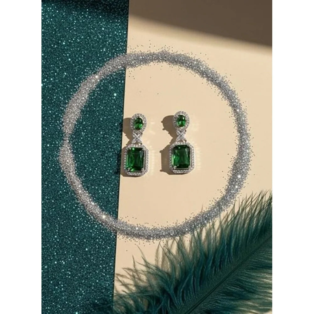 Luxury Silver Plated Emerald Green Crystal Drop Earrings