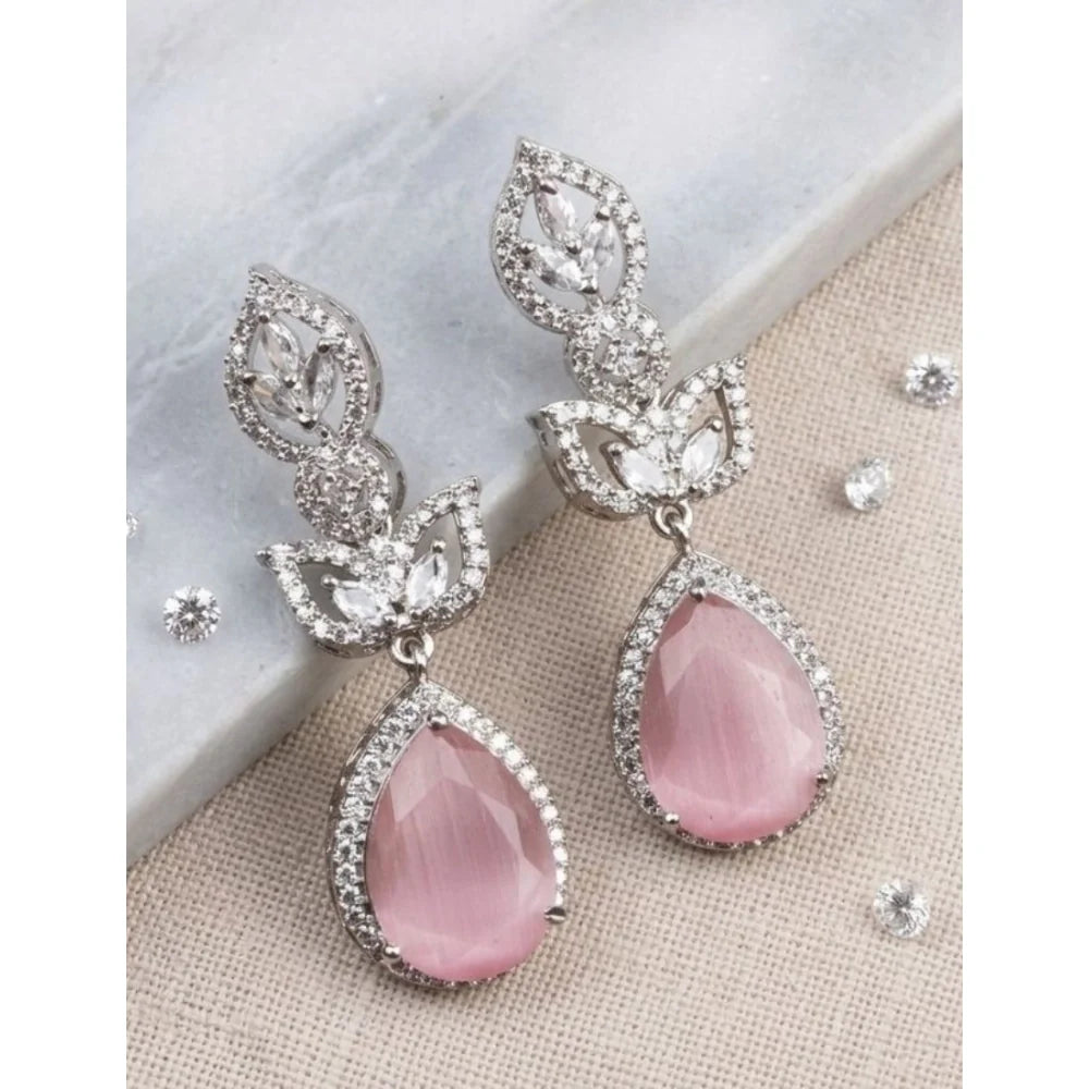Rosalia Petal & Zirconia Silver Drop Earrings in Blush Pink