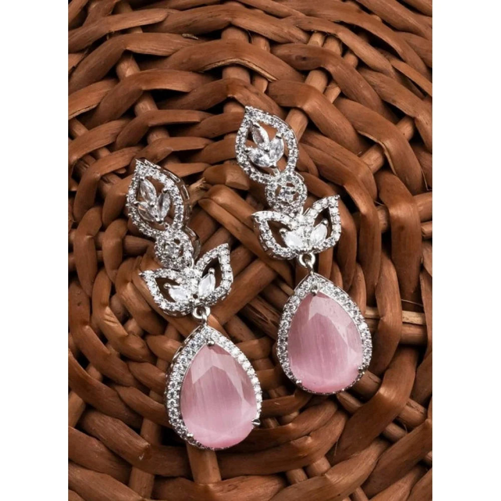Rosalia Petal & Zirconia Silver Drop Earrings in Blush Pink
