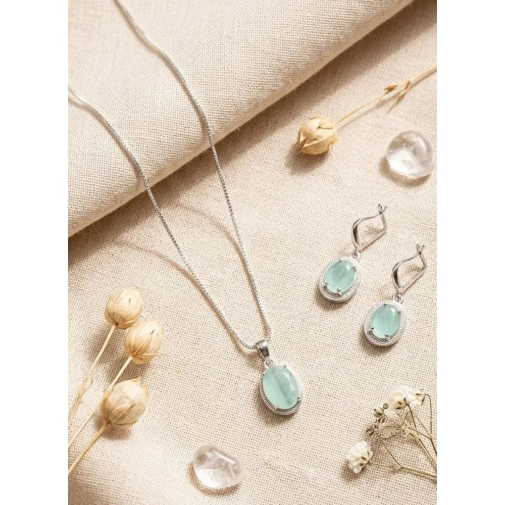 Silver-Plated Turquoise Mint Gemstone Pendant Necklace Set with Earrings