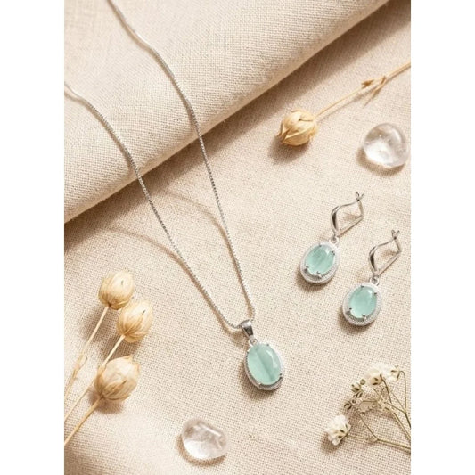 Silver-Plated Turquoise Mint Gemstone Pendant Necklace Set with Earrings