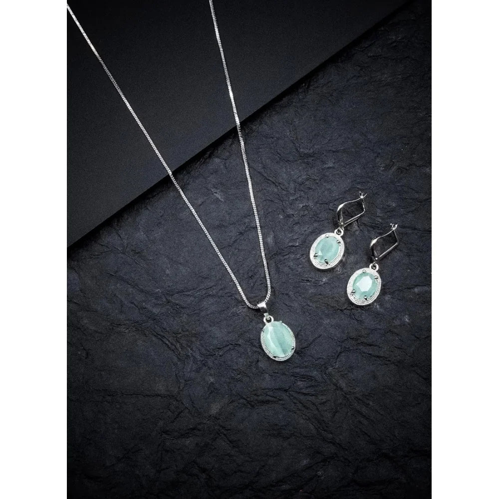 Silver-Plated Turquoise Mint Gemstone Pendant Necklace Set with Earrings