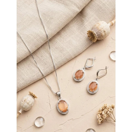 Aura Peach Opaline Oval Pendant & Lever-Back Earring Set