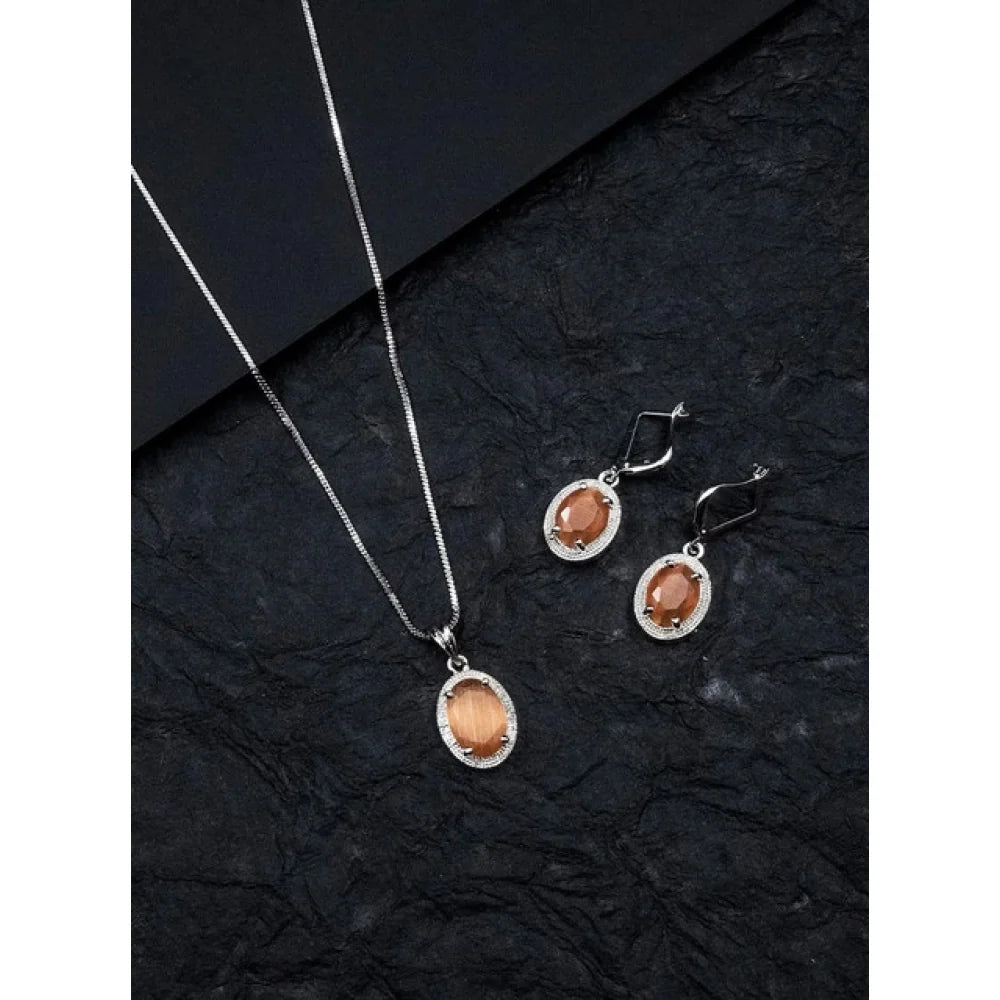 Aura Peach Opaline Oval Pendant & Lever-Back Earring Set