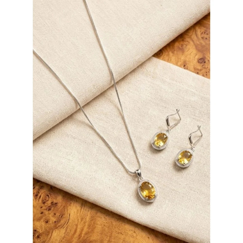 Silver-Plated Yellow Citrine Gemstone Pendant Necklace Set with Earrings
