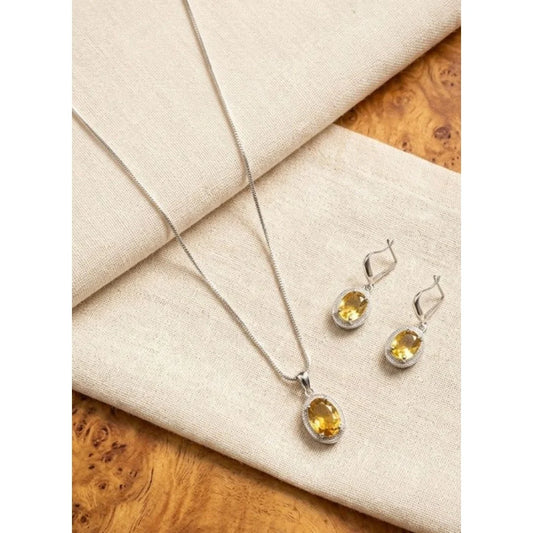 Silver-Plated Yellow Citrine Gemstone Pendant Necklace Set with Earrings