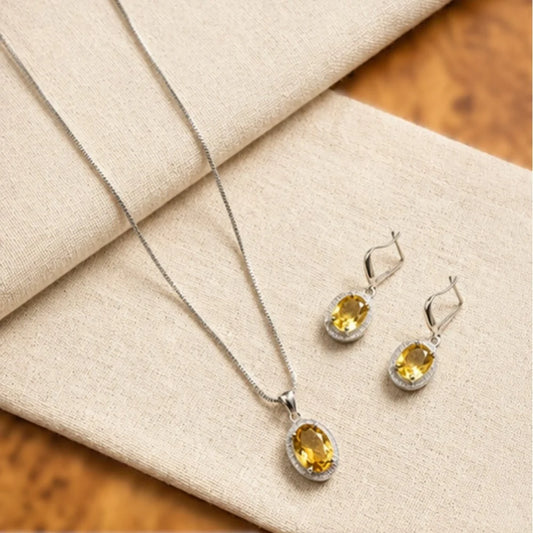 Silver-Plated Yellow Citrine Gemstone Pendant Necklace Set with Earrings