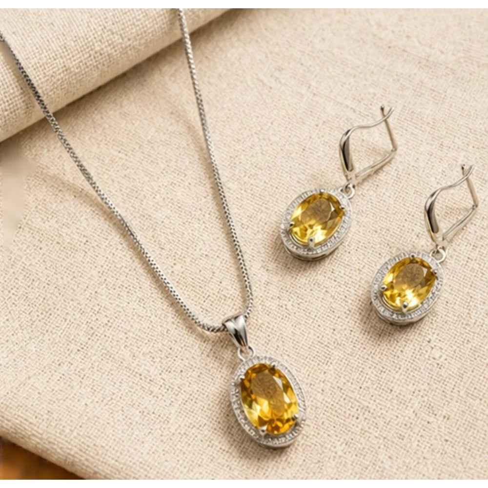 Silver-Plated Yellow Citrine Gemstone Pendant Necklace Set with Earrings