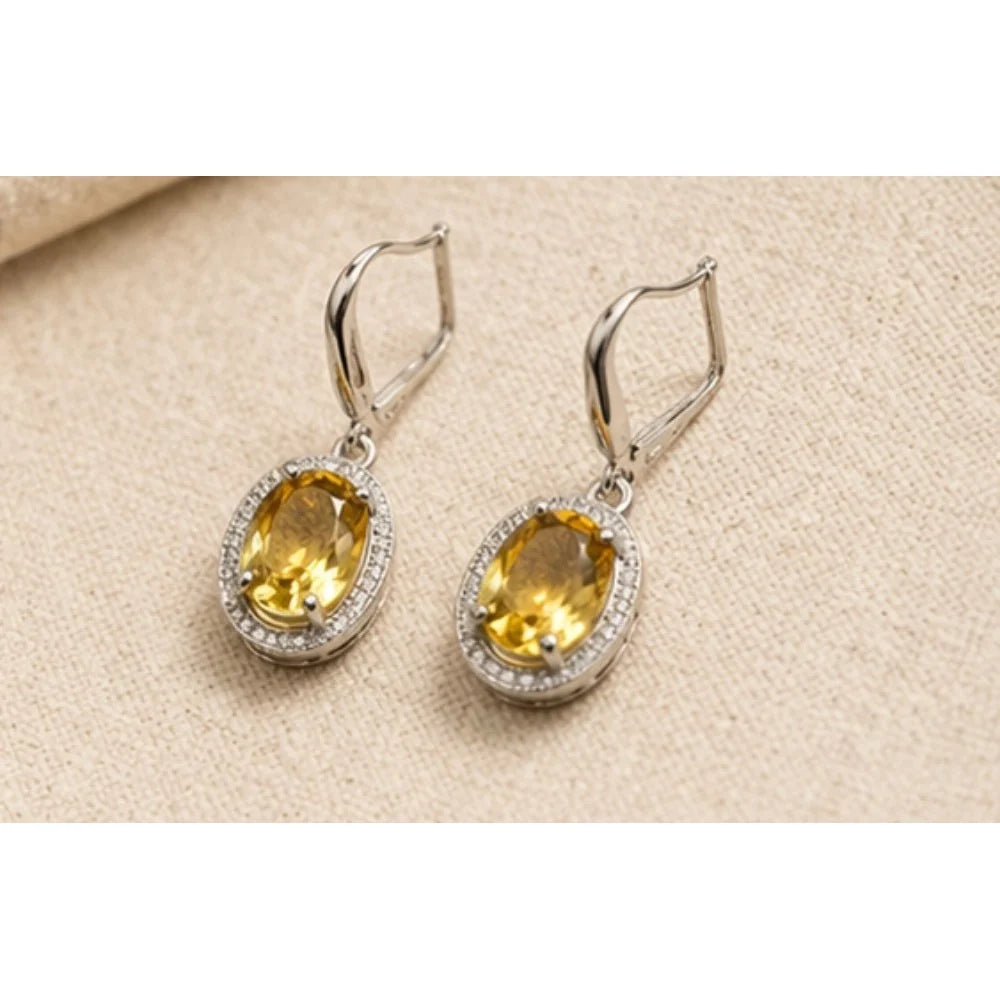 Silver-Plated Yellow Citrine Gemstone Pendant Necklace Set with Earrings
