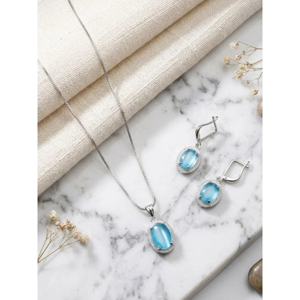 Silver-Plated Blue Aquamarine Gemstone Pendant Necklace Set with Earrings