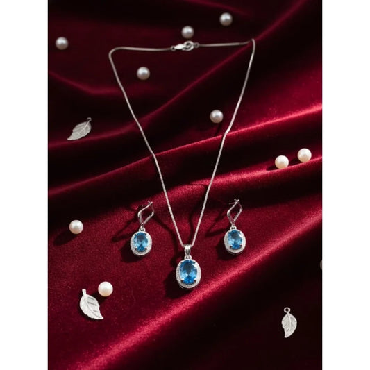 Silver-Plated Blue Aquamarine Gemstone Pendant Necklace Set with Earrings