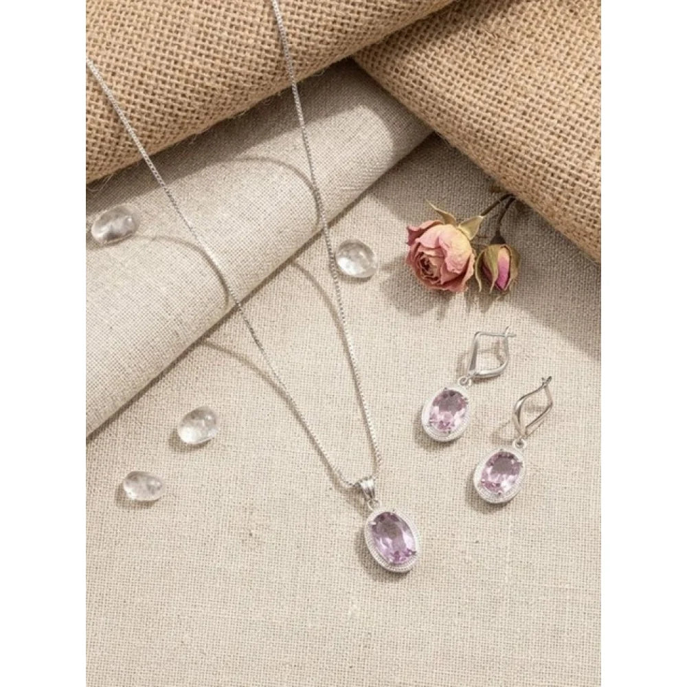 Silver-Plated Pink Sapphire Gemstone Pendant Necklace Set with Earrings