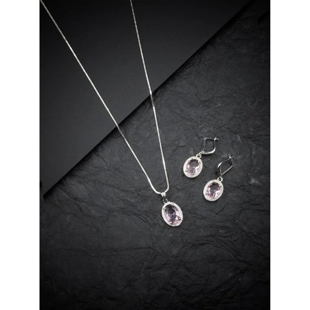 Silver-Plated Pink Sapphire Gemstone Pendant Necklace Set with Earrings