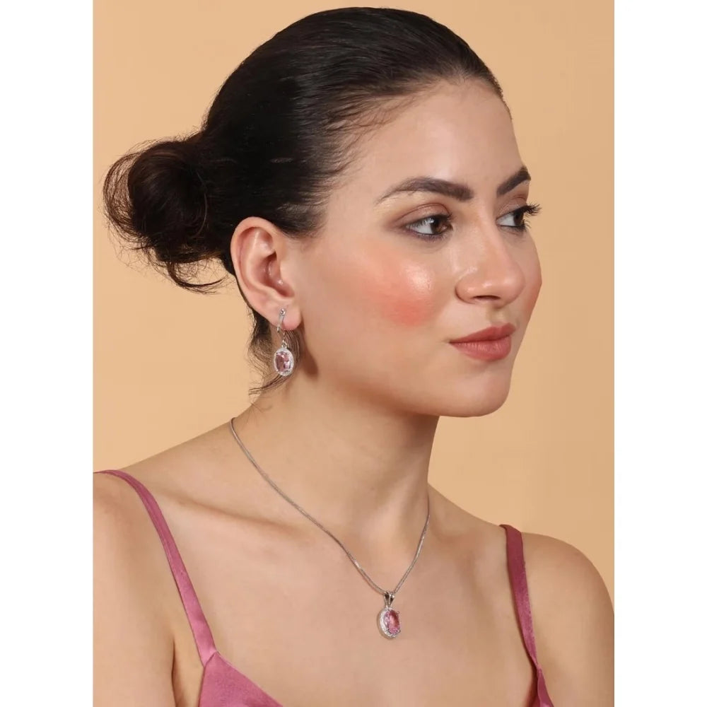 Silver-Plated Pink Sapphire Gemstone Pendant Necklace Set with Earrings