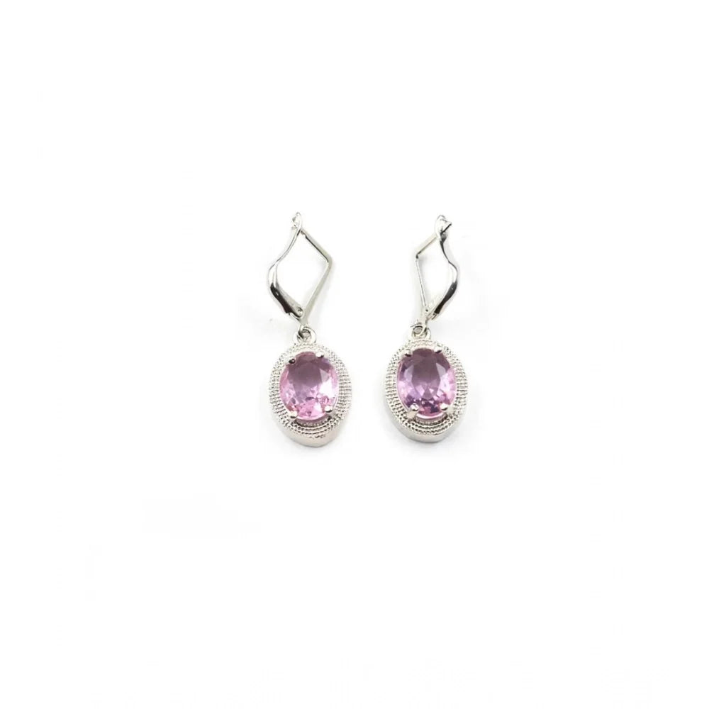 Silver-Plated Pink Sapphire Gemstone Pendant Necklace Set with Earrings