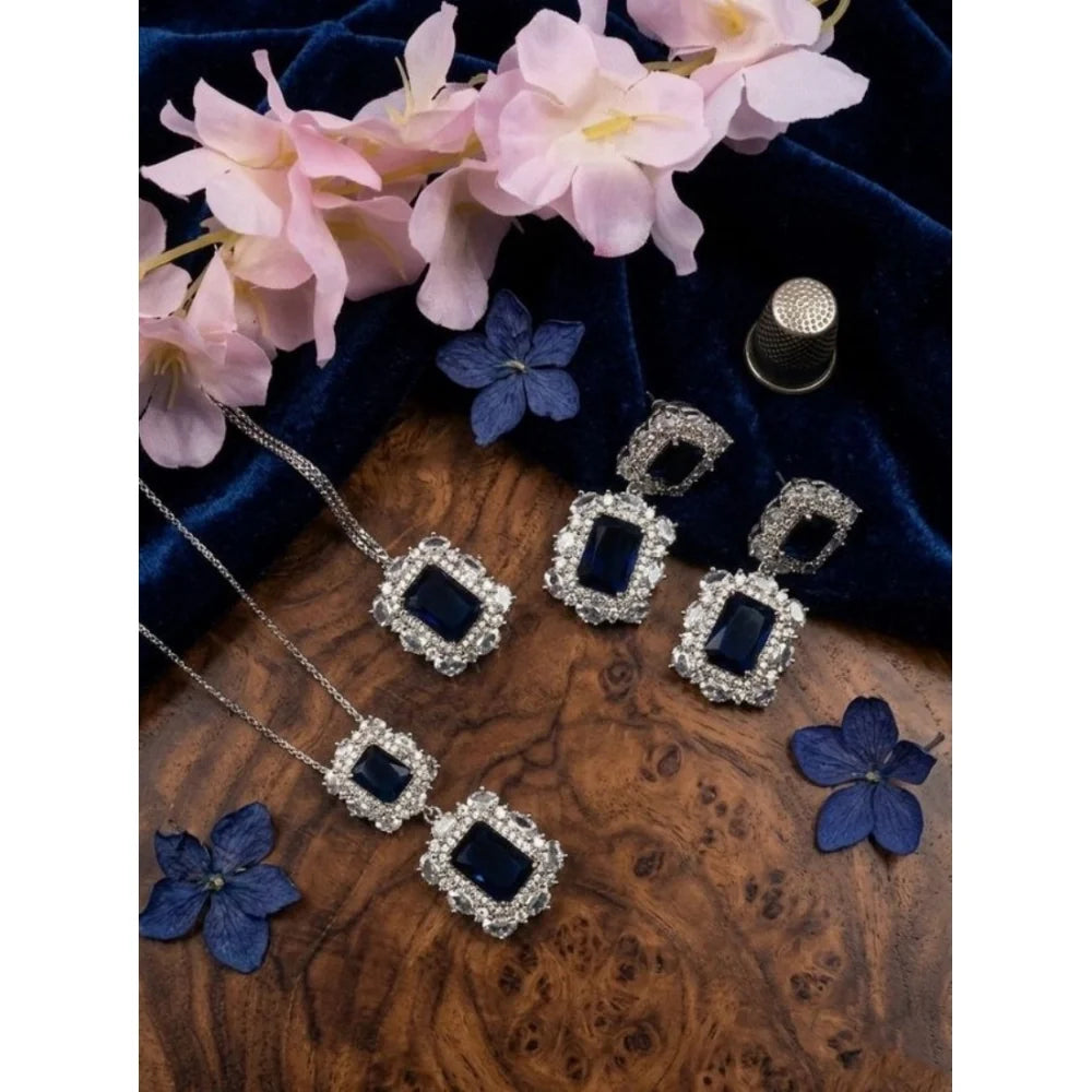 Celeste Royal Blue Micro-Paved CZ Pendant Set – Silver Finish