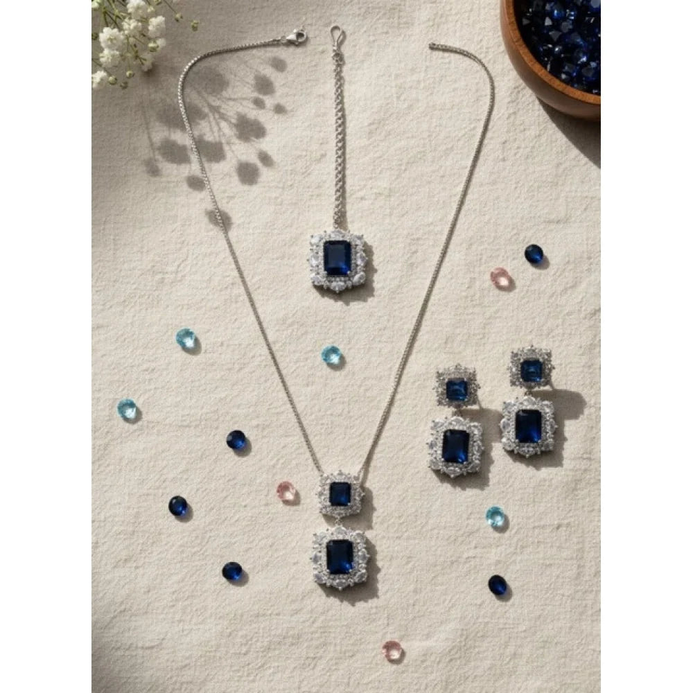 Celeste Royal Blue Micro-Paved CZ Pendant Set – Silver Finish