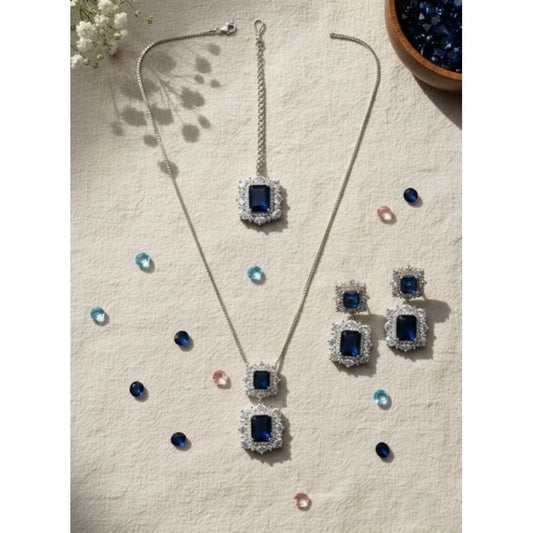 Celeste Royal Blue Micro-Paved CZ Pendant Set – Silver Finish