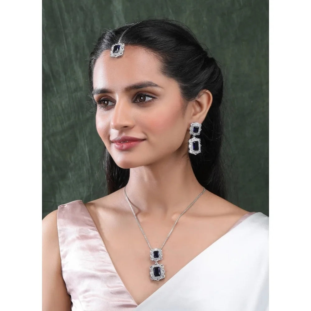 Celeste Royal Blue Micro-Paved CZ Pendant Set – Silver Finish
