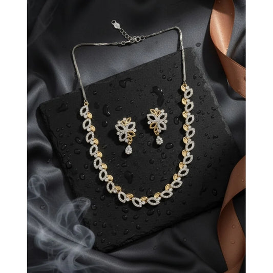 Silver & Two-Tone Leaf Cubic Zirconia Necklace Set with Earrings