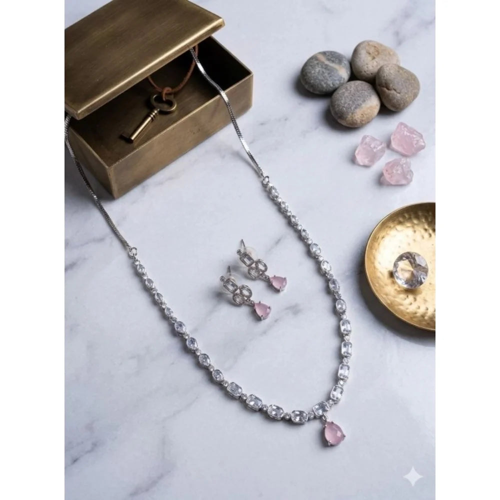 Silver-Plated Pink Teardrop Gemstone & Crystal Choker Necklace Set